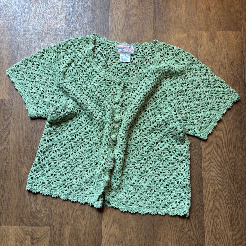 Vtg 90's April Cornell Boho Cottage Core Womens Green Knit Short Sleeve Cardigan